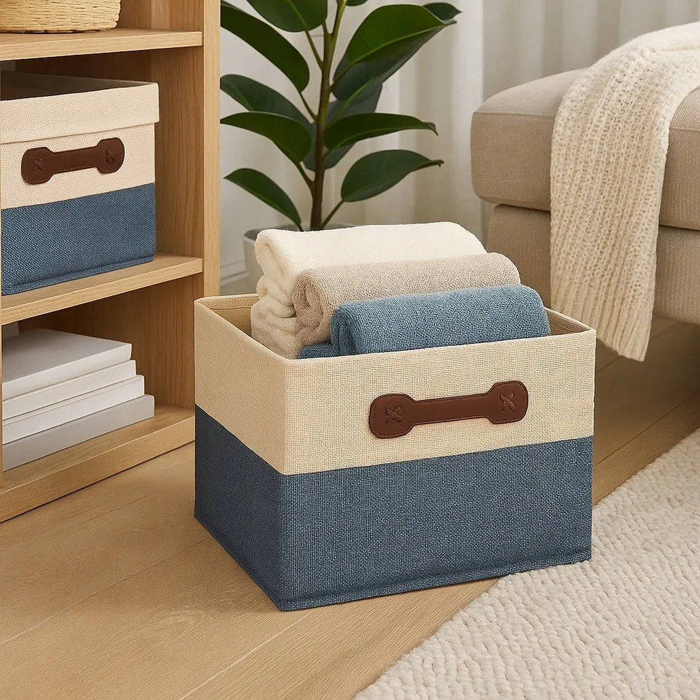 Organizer Tekstylny Granatowy 49x38x29 cm Beżowy Pudełko z Pokrywą do domu