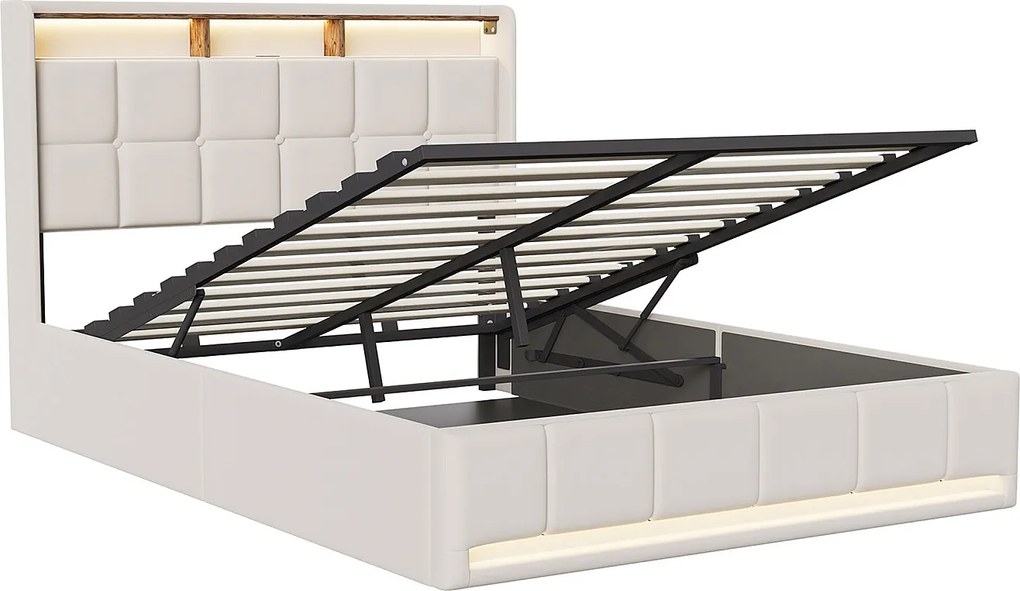 Nowoczesne łóżko podwójne 140x200 cm z beżowego lnu z oświetleniem LED RGB, wbudowanym USB i 3 szufladami do przechowywania