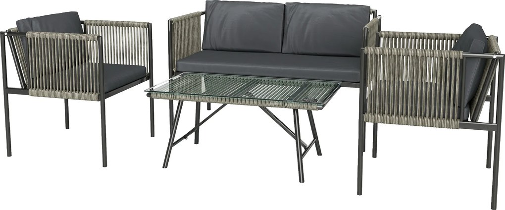 Outsunny 4-elementowy zestaw mebli ogrodowych: 1 sofa, 2 fotele, 1 stolik z blatem szklanym, poduszki, stelaż stalowy, rattan syntetyczny, Szary