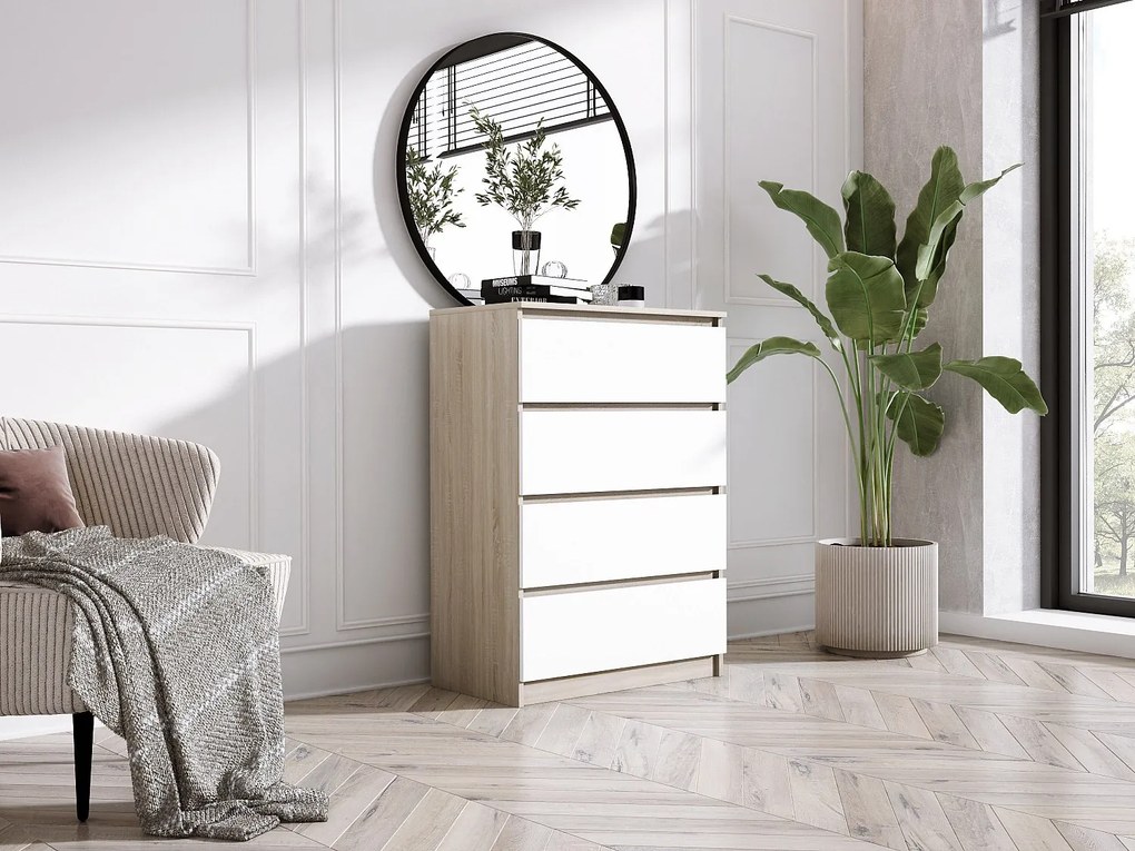 Komoda z 4 szufladami, Dąb Sonoma / Biały Mat, 70 x 39 x 101 cm