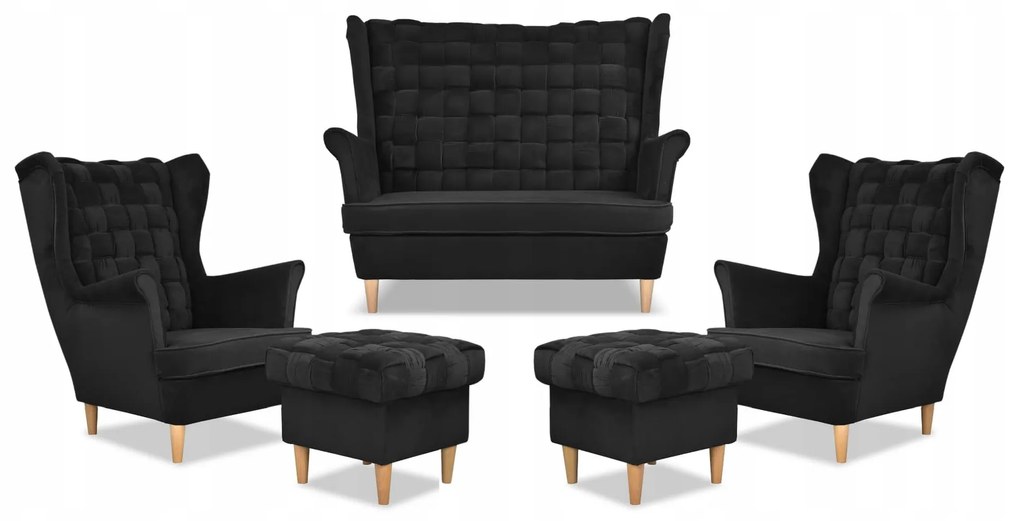 Zestaw wypoczynkowy Carol sofa fotele pufy paski Family Meble czarny