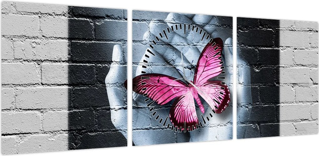 Obraz - Różowy motyl w ścianie (z zegarem) (90x30 cm)