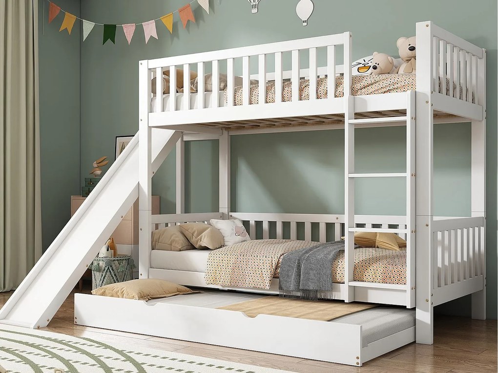 Łóżko piętrowe dla dzieci 90x200/190 cm - z łóżkiem wysuwanym - ze zjeżdżalnią i prostą drabiną 4 stopnie - drewno lite + MDF - białe (bez materaca)
