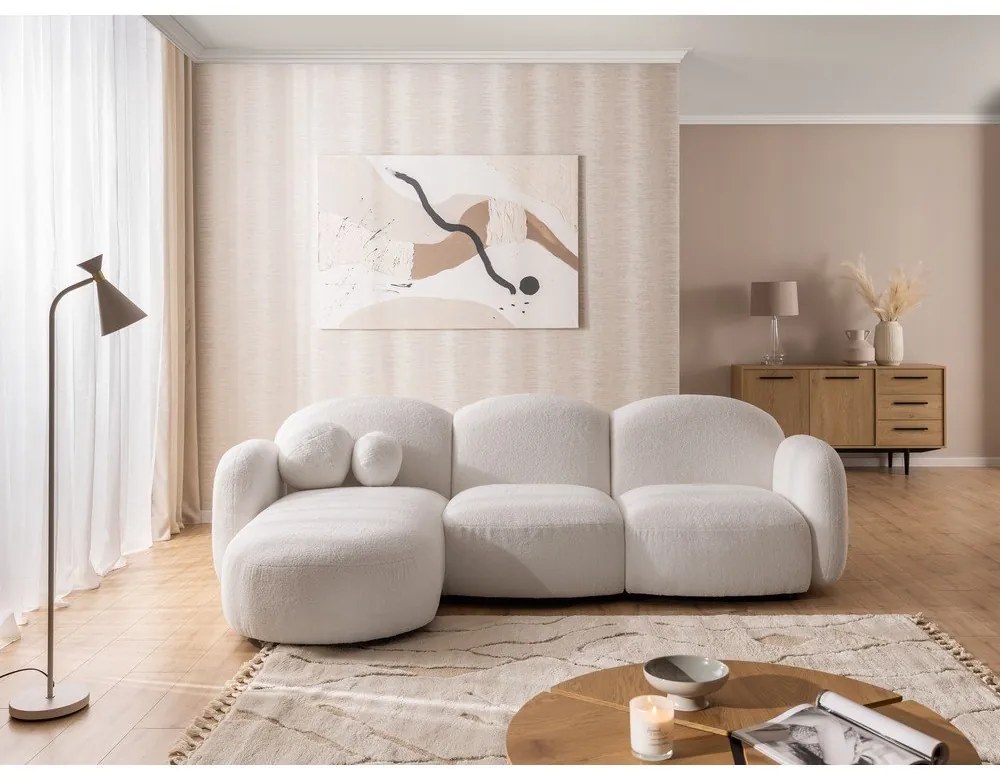 Kremowy narożnik z materiału bouclé (lewostronny/z szezlongiem) Orbit – Ropez