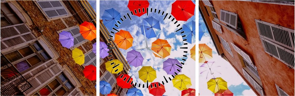 Obraz kolorowych parasoli (z zegarem) (90x30 cm)