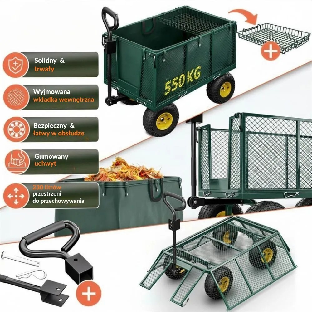 Wózek transportowy HECTOR, maks. 550 kg, 110x75x52 cm, zielony Gardebruk