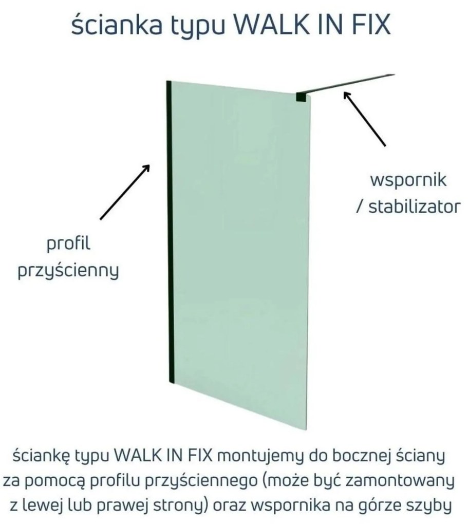 Ścianka prysznicowa WALK IN FIX czarna prostokątna 8 mm Molis Classic Black MASSI | rożne rozmiary : Kolor profili kabiny - Nikiel szczotkowany, Szerokość ścianki - 80 cm