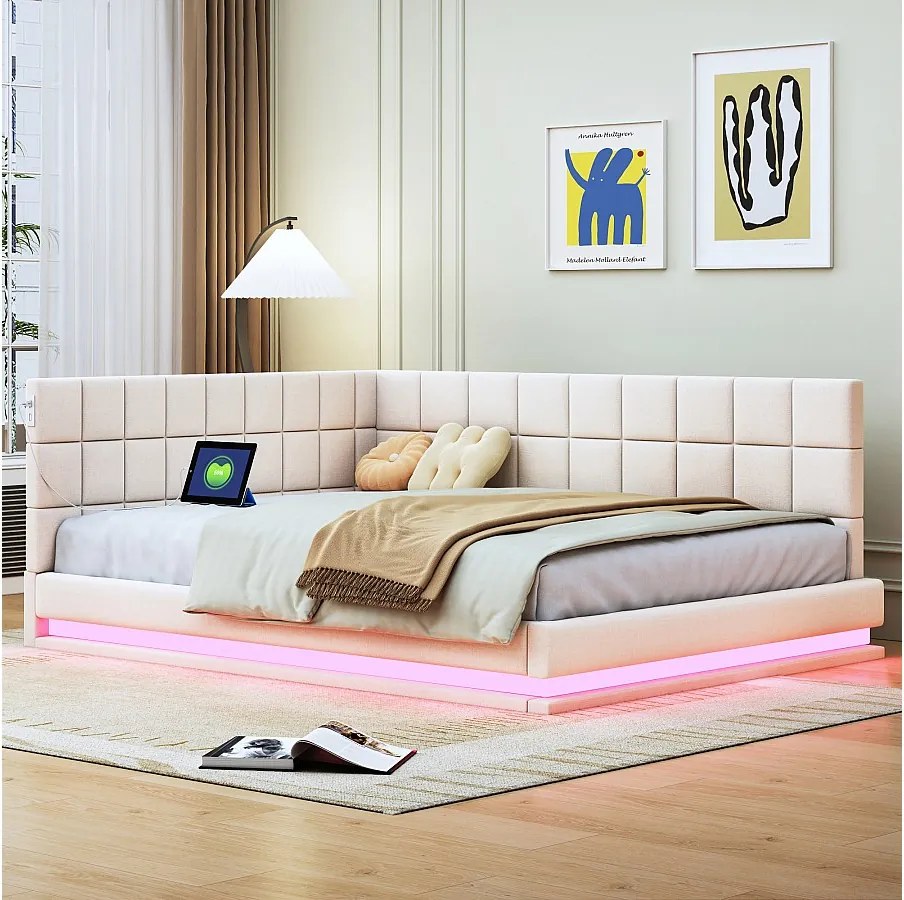 Łóżko tapicerowane 140 x 200 cm, sofa rozkładana z miękkim wezgłowiem - listwa świetlna LED, gniazdo USB - tkanina aksamitna - beż (bez materaca)