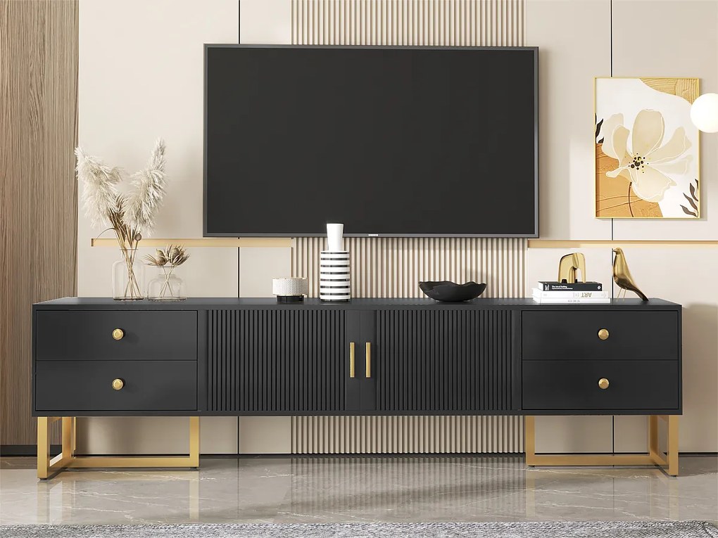 Meble RTV 175 cm - 2 drzwi teksturowane i 4 szuflady - z MDF - Czarny