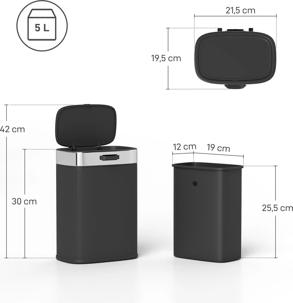 HOMCOM Kosz na śmieci, stal nierdzewna, kuchenny kosz z pokrywą pozostającą otwartą, wyjmowany wkład, 21,5x19,5x30 cm, czarny