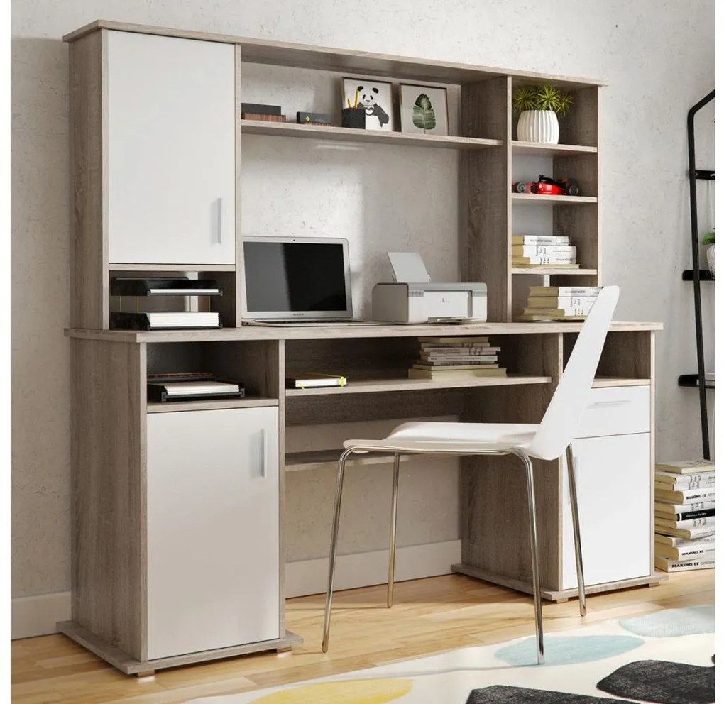 Biurko z półką ELIAN dąb sonoma szare/białe