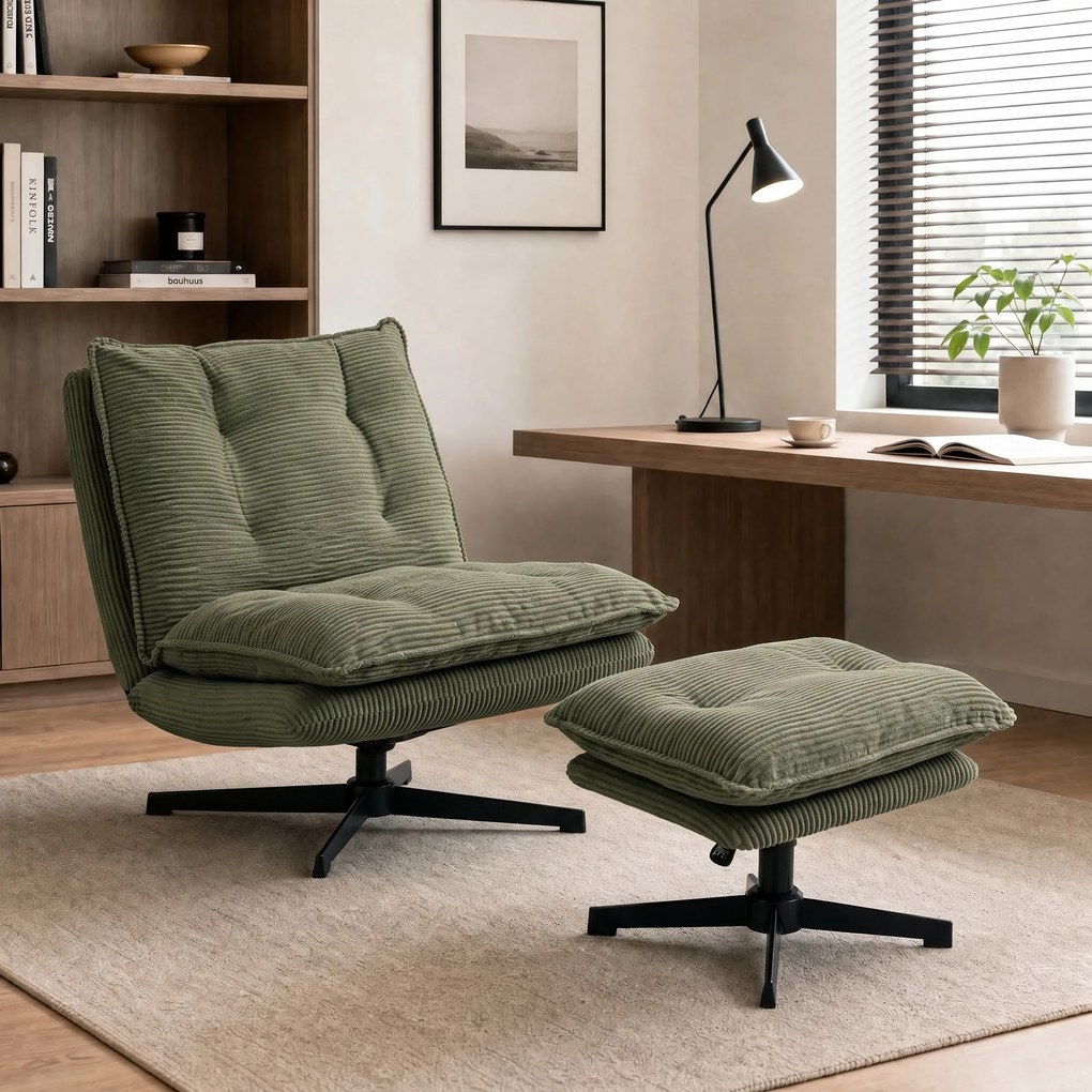 HOMCOM Fotel lounge z podnóżkiem, 360° obrotowy, tapicerka cord, regulowany podnóżek, Grün | Aosom PL