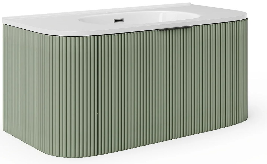 Szafka łazienkowa wisząca  ryflowana z umywalką wpuszczaną w blat - Zielony mat - 100 cm - LOMERI