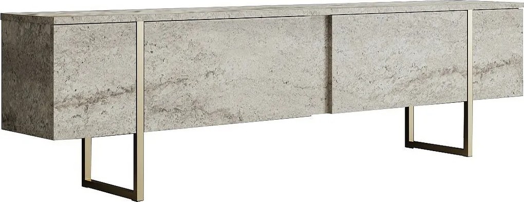 Szafka RTV 2-drzwiowa - Efekt beżowego trawertynu i złoty - ZIRELDA