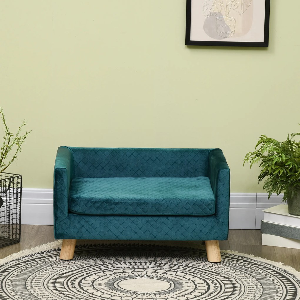 PawHut Sofa dla psa łóżko dla psa kanapa z weluru z oparciem, nogi drewniane, poduszka, do 8 kg 64 x 45 x 36 cm Niebieski | Aosom PL