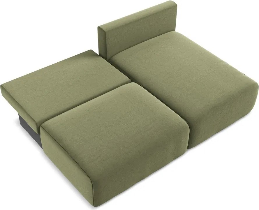 Zielony aksamitny rozkładany narożnik ze schowkiem (prawostronny/z szezlongiem) Kalena – Makamii