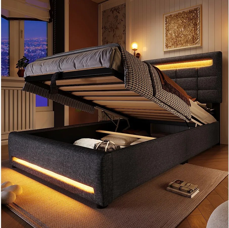 Łóżko tapicerowane ze schowkiem - 90 x 200 cm - pilot APP + diody LED + port USB - tkanina lniana - szary