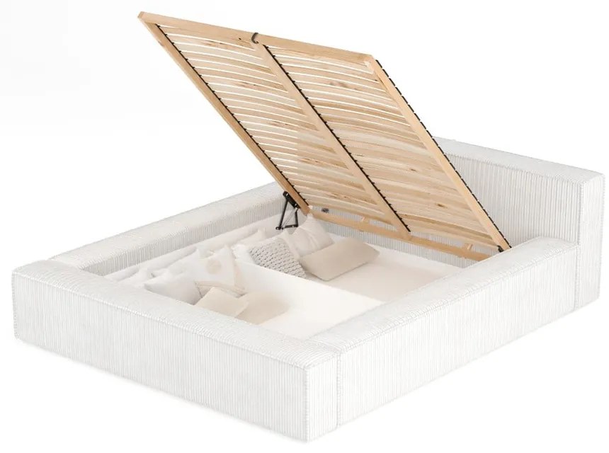 Kremowe tapicerowane łóżko dwuosobowe ze schowkiem i stelażem 160x200 cm Voliera – Maison de Rêve