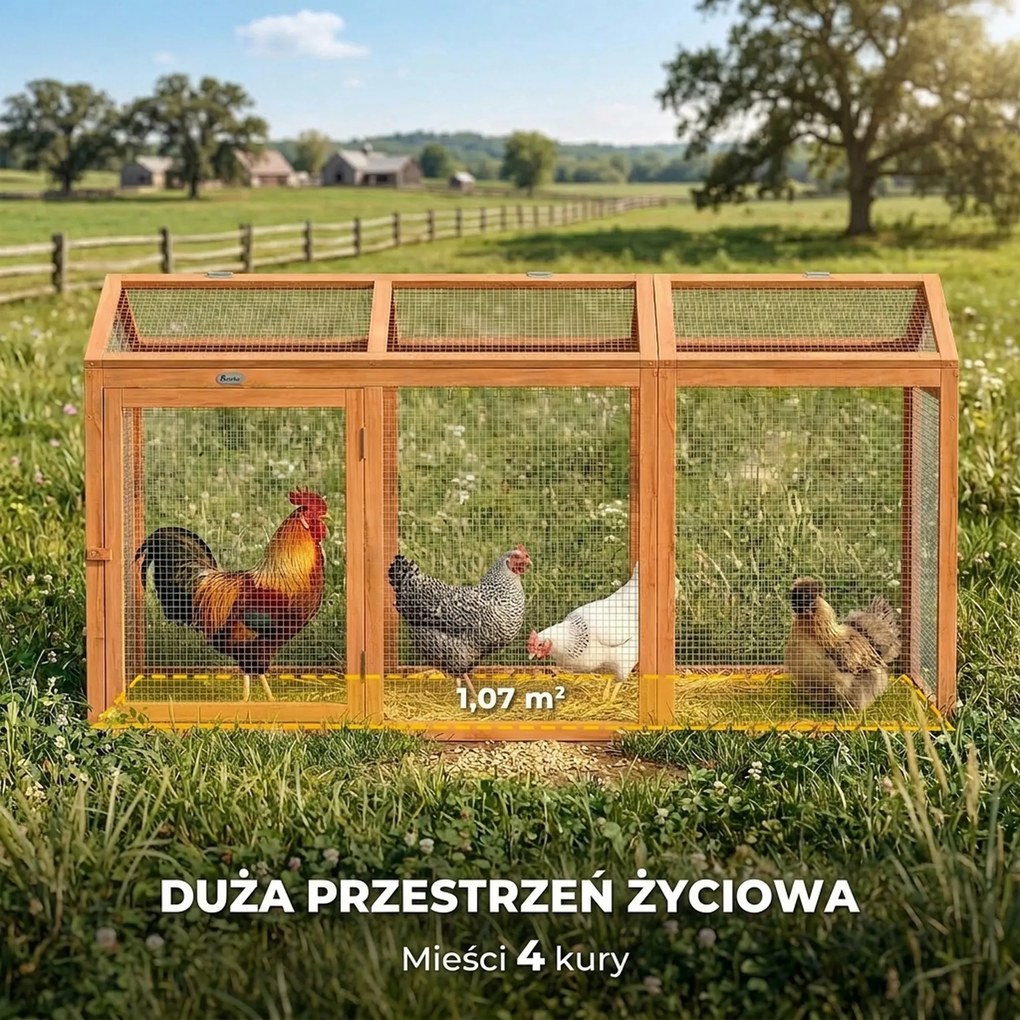 PawHut Kurnik Wybieg z Grzędą i Podwójnymi Drzwiami, z Drewna i Metalu, dla 4 Kur, 156 x 70,5 x 84 cm, Pomarańczowy | Aosom PL