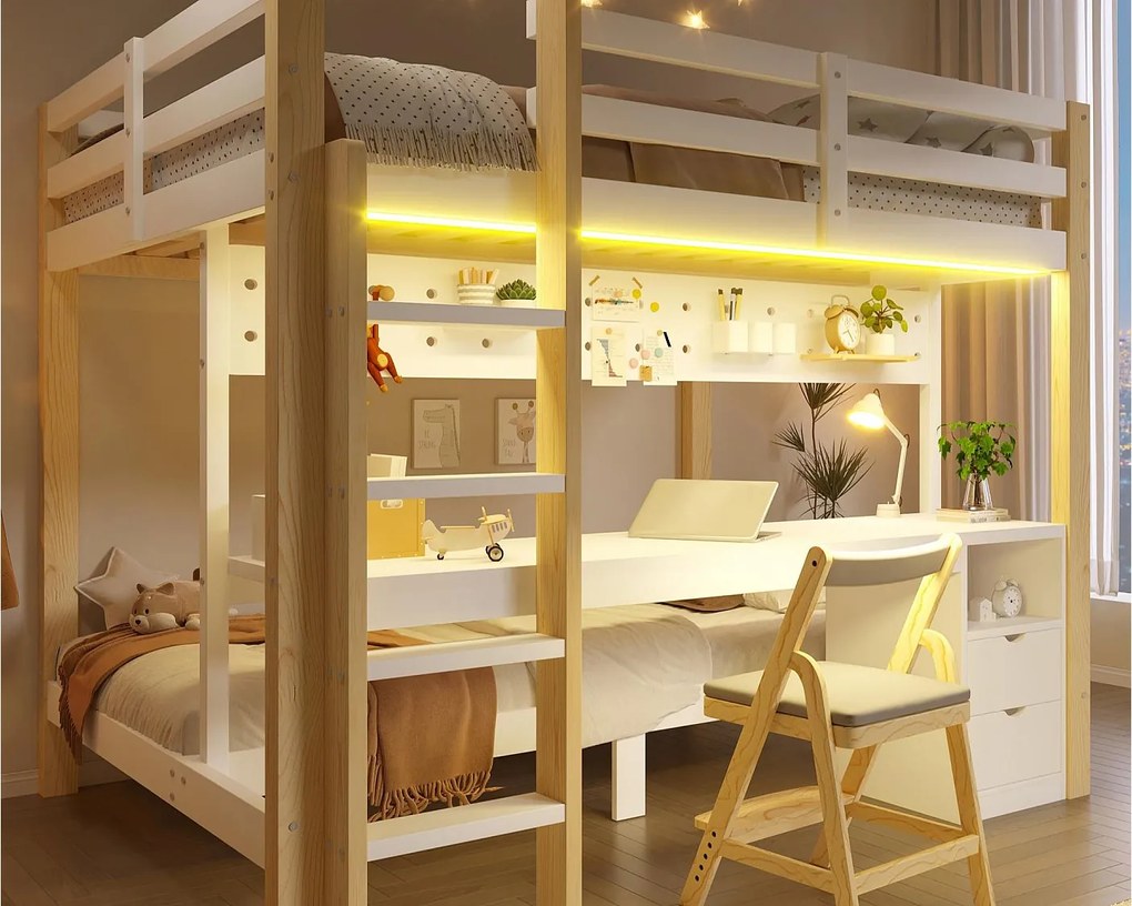 Łóżko piętrowe 90x200 cm + 140x200 cm - z 2 szufladami - z biurkiem - z oświetleniem LED - biały+naturalny​ (materac nie jest wliczony w cenę)