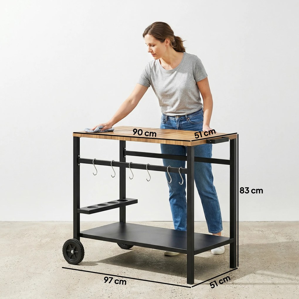 Outsunny Wózek kuchenny na kółkach, stolik serwisowy z haczykami, uchwyt na napoje, metalowy, 97 x 51 x 83 cm Czarny+Brązowy | Aosom PL