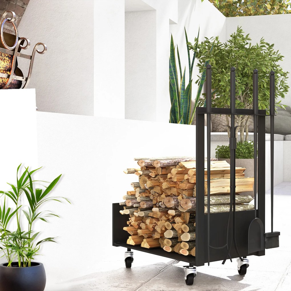 Outsunny Regał na drewno kominkowe z kołami, bogate wyposażenie, metalowa rama, udźwig do 60 kg, 48 x 30 x 76 cm, czarny