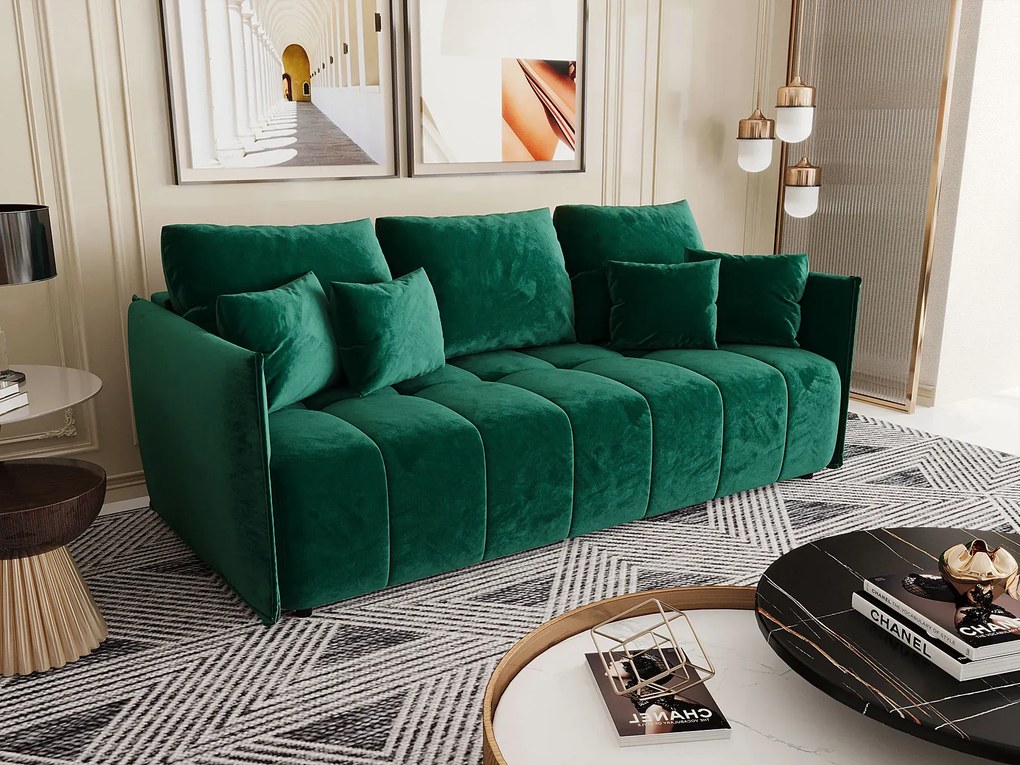 Ciemnozielona welurowa sofa rozkładana z pojemnikiem F2-H35