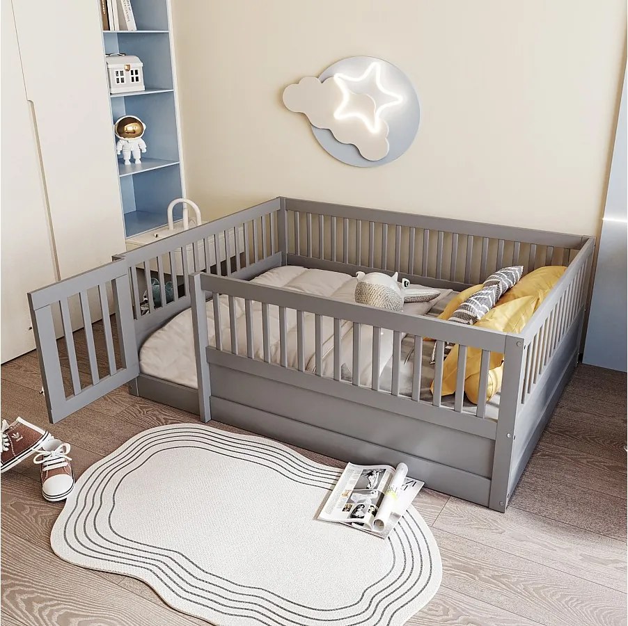 Łóżko dziecięce - 140 x 200 cm - bez stelaża - rama łóżka ze szczebelkami i drzwiami - sosna + sklejka + MDF - szare