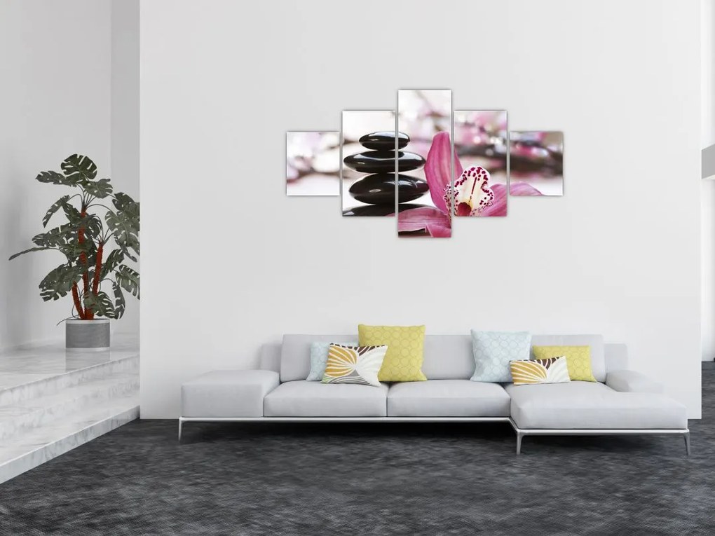 Obraz kamieni do masażu i storczyków (125x70 cm)