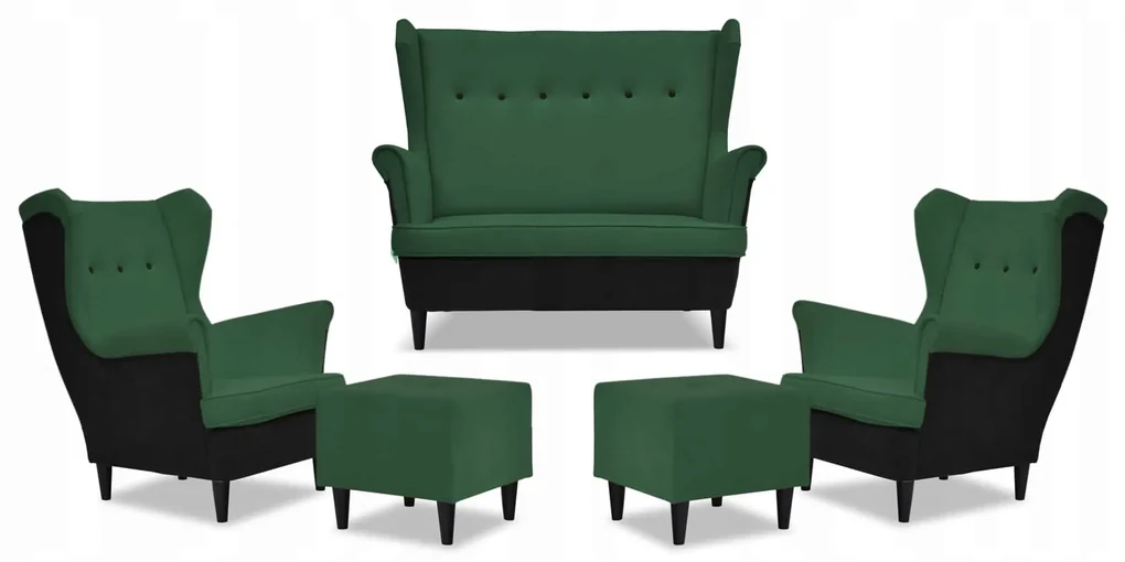 Zestaw wypoczynkowy ARI DUO sofa fotele pufy Family Meble czarno - zielony
