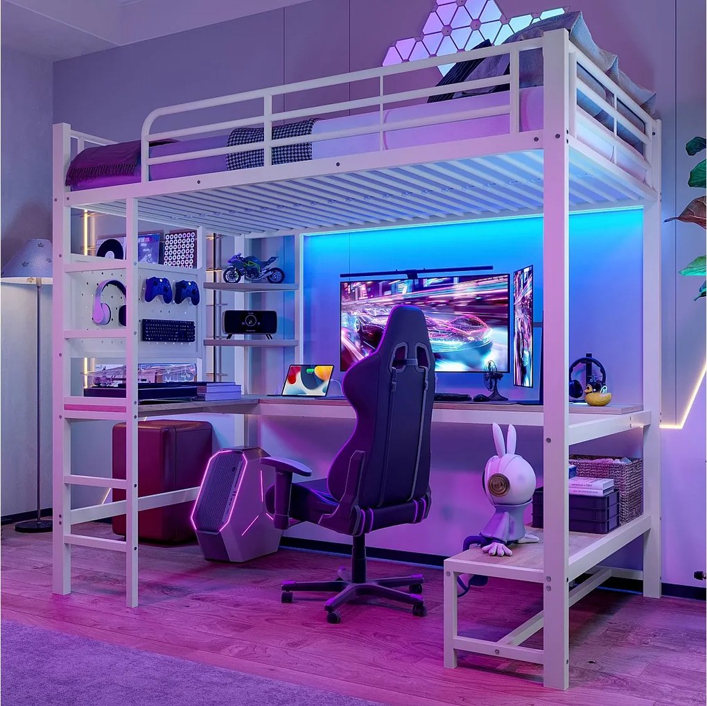 Łóżko piętrowe 140 x 200 cm - Łóżko dwuosobowe z biurkiem i oświetleniem LED - białe - materac nie jest wliczony w cenę