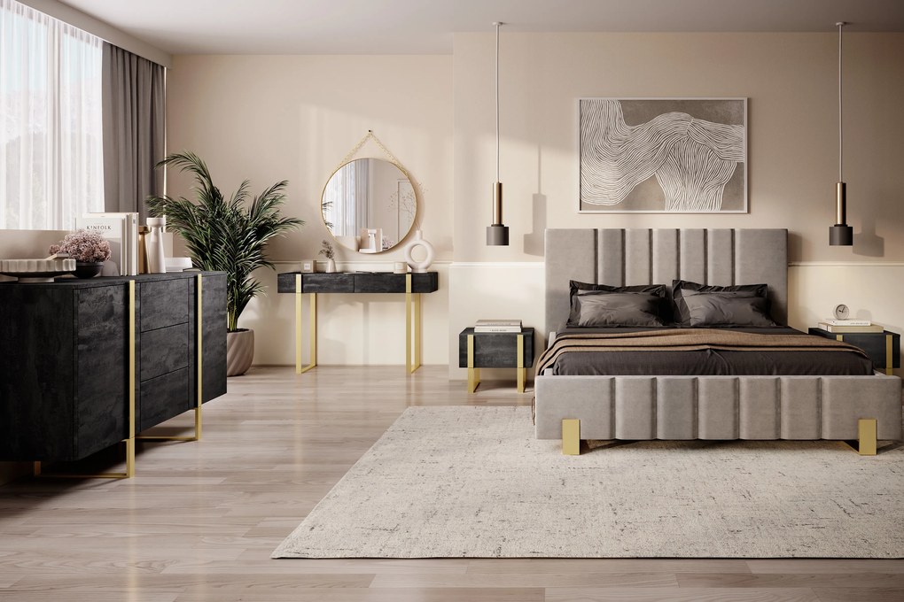 Nowoczesna konsola / toaletka Verica z metalowymi nogami 120 cm - czarny beton / złote nóżki