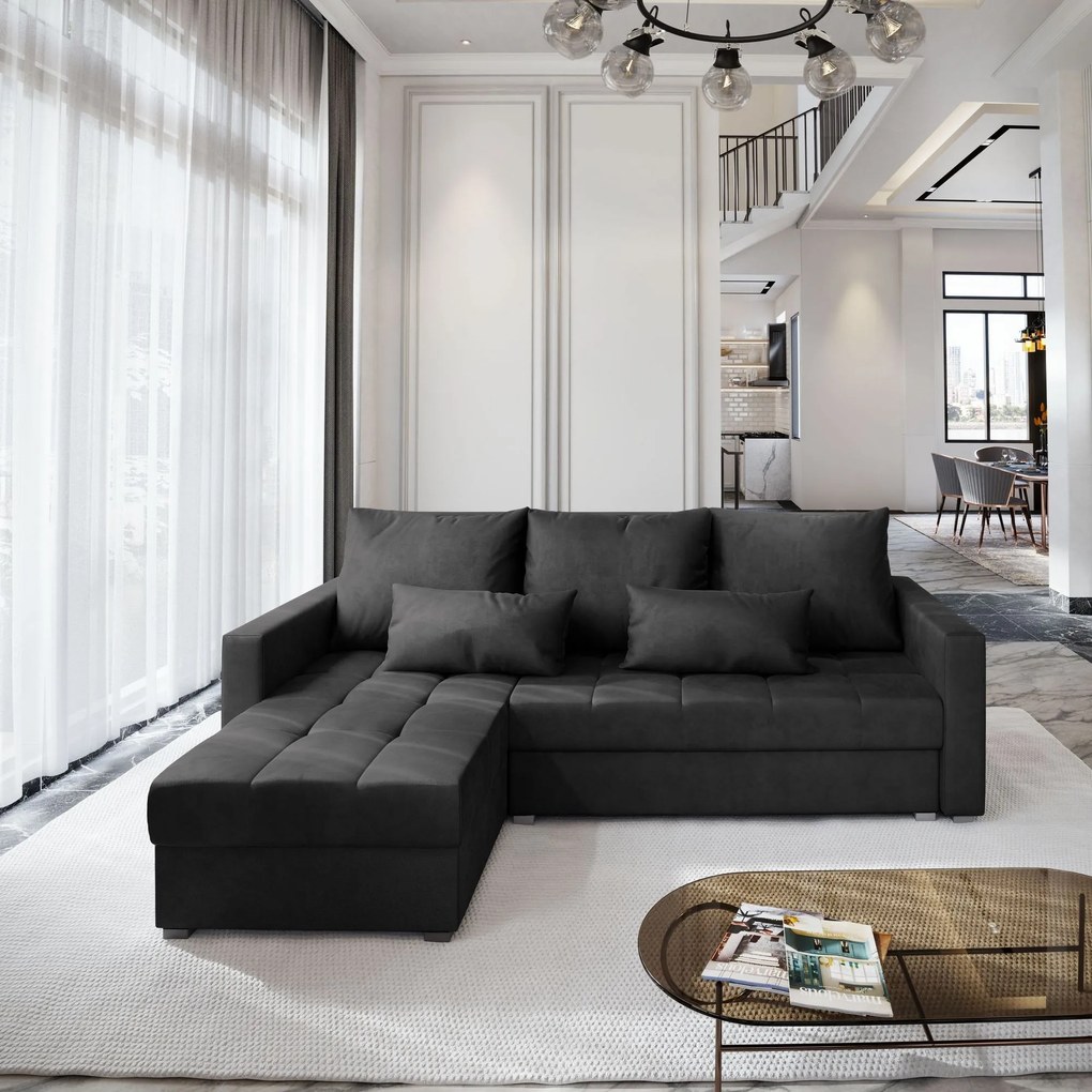 Masseno Narożnik KOS z funkcją spania i pojemnikiem na pościel Narozniki L, Rozkładana sofa - Czarny, MONOLITH 95