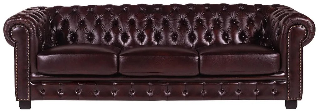 Kanapa 4-osobowa BRENTON w stylu chesterfield ze 100% bawolej skóry – kolor wiśniowy