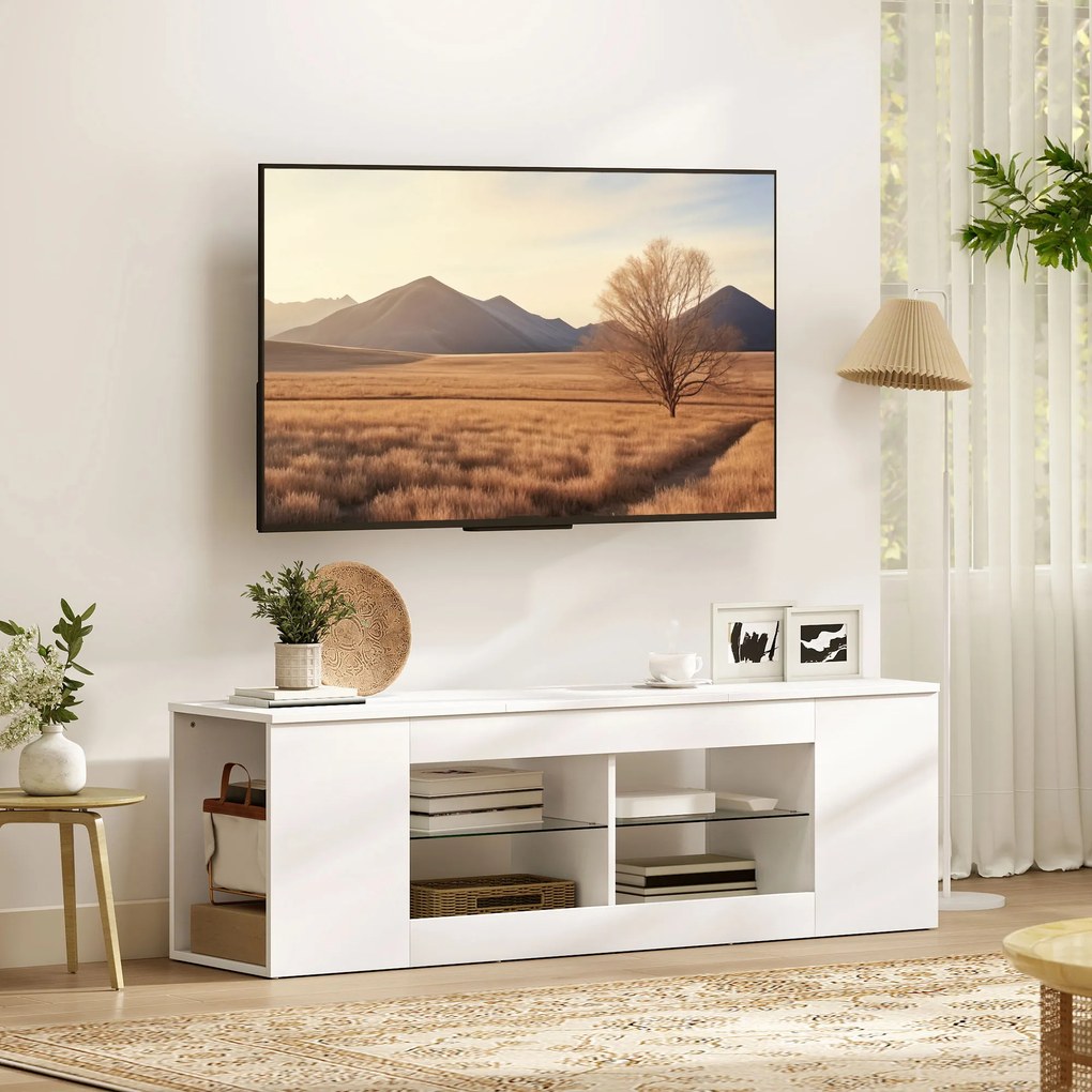 HOMCOM Stojak TV biały szafka RTV 140 cm komoda pod telewizor 6 przegród i 2 półki szklane nowoczesna | Aosom PL