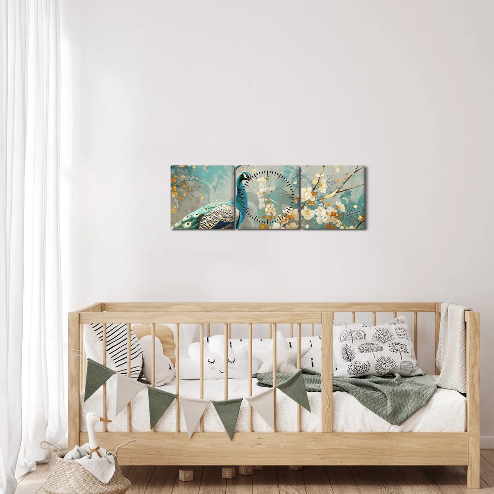 Obraz - Paw ze złotą dekoracją (z zegarem) (90x30 cm)