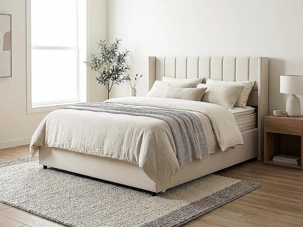 Podwójne łóżko beżowe z lnu Saint-Moritz 140x190 cm z pojemnikiem na przechowywanie i solidnym stelażem