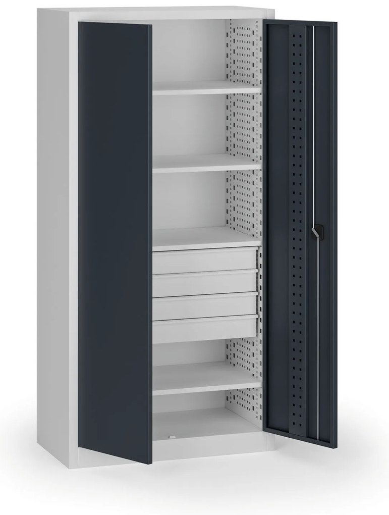 Szafa warsztatowa, 4 półki + 4 szuflady, 1950 × 950 × 500 mm, grafitowe drzwi