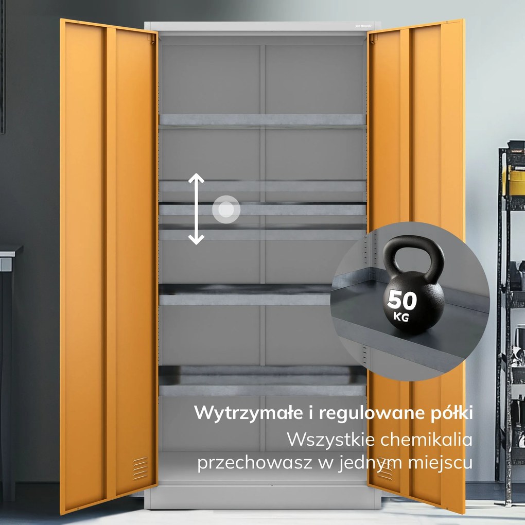 Szafa na chemikalia z wentylacją i tacami ociekowymi szaro-żółta, 900x1850x400 mm: MARIA