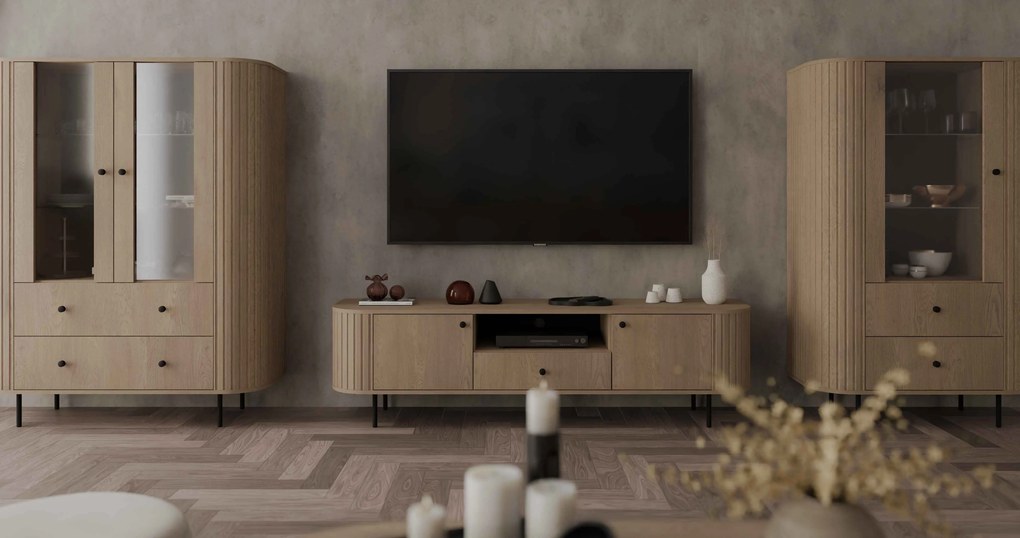 Witryna BOLLA 155 x 97,4 cm, Stojąca witryna do Salonu, Dąb