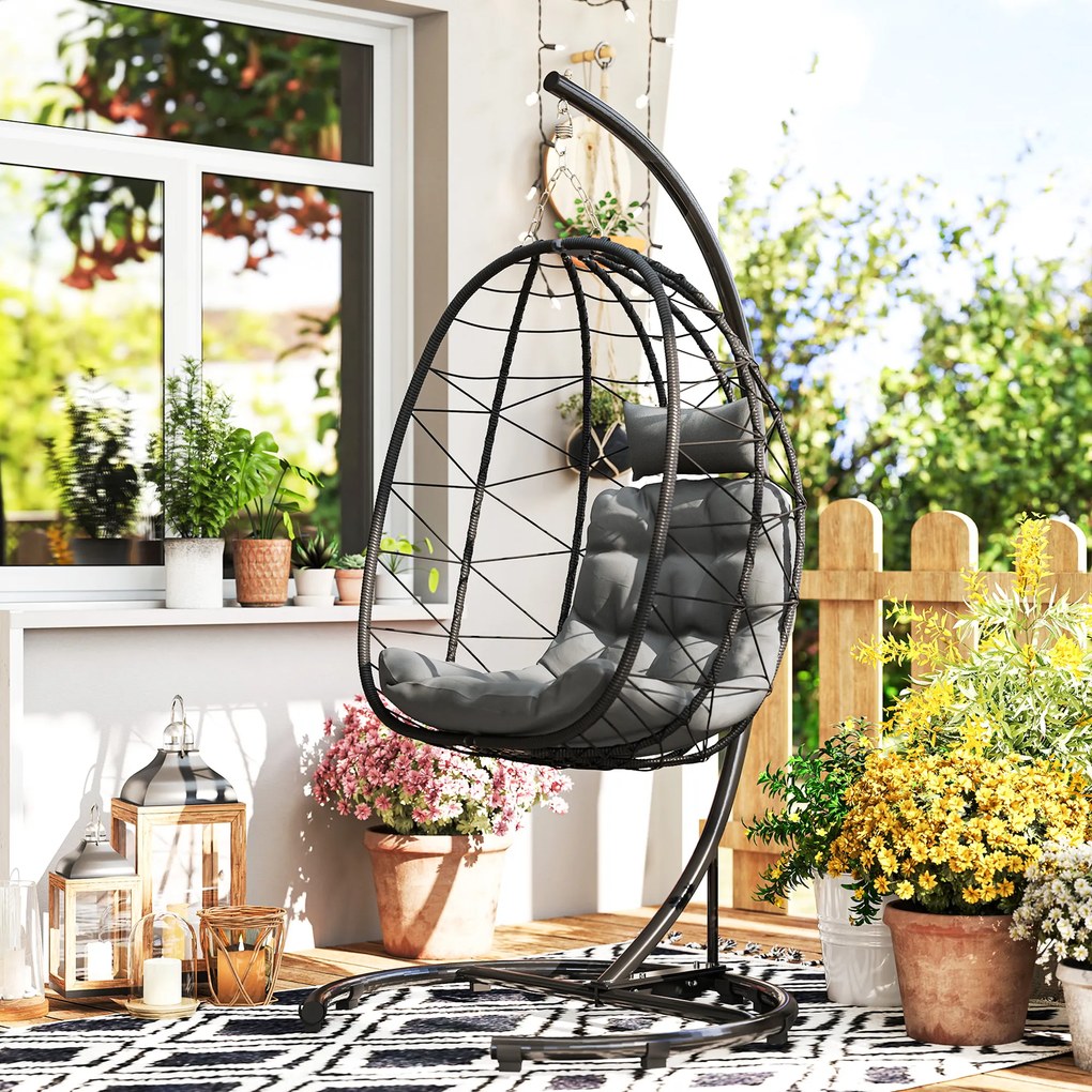 Outsunny Fotel wiszący zewnętrzny Fotel wiszący Egg Chair, odporny na warunki atmosferyczne, w tym poduszki, 102 cm x 102 cm x 195 cm, Ciemnoszary