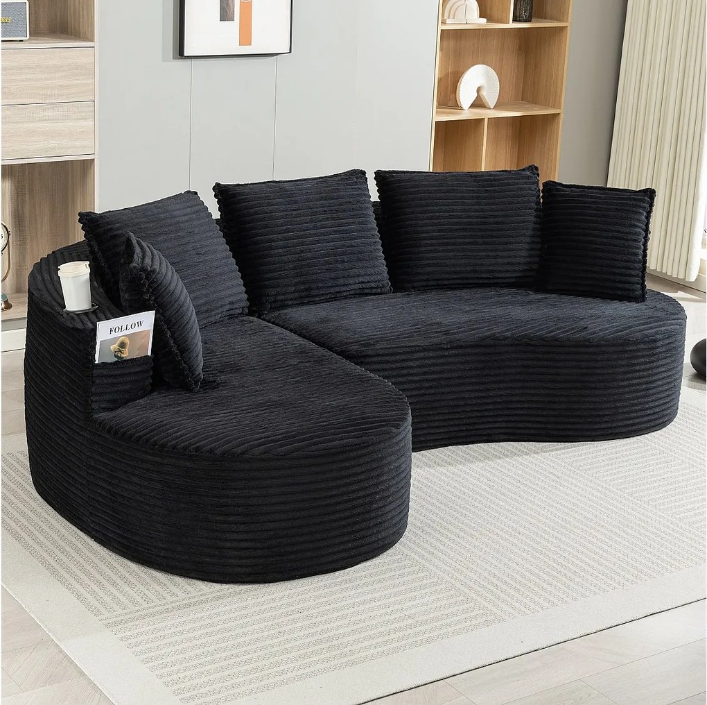 Sofa sztruksowa 3-osobowa - 250 x 152 x 82 cm - z uchwytem na kubek + kieszenią + poduszkami - czarna