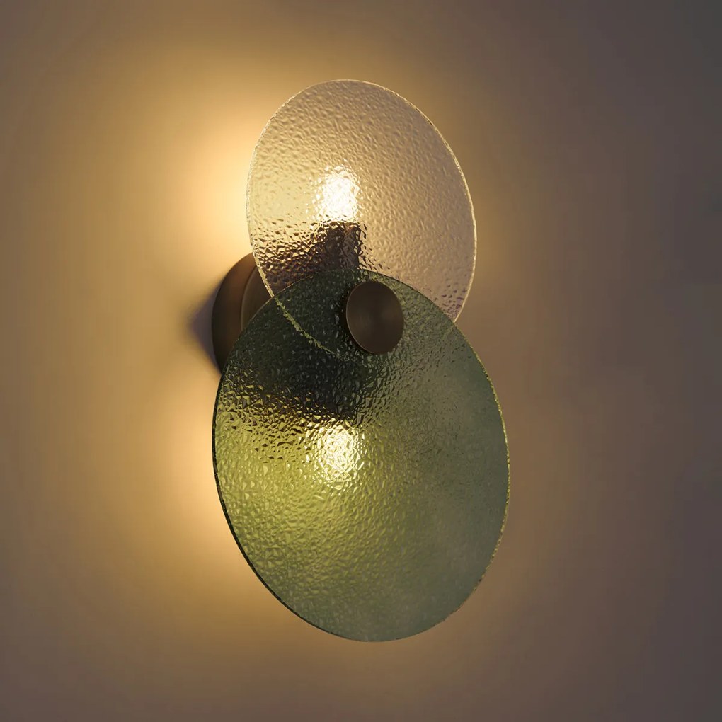 Lampa ścienna Art Deco ciemny brąz z zielonym i przezroczystym szkłem 2-punktowa - Text