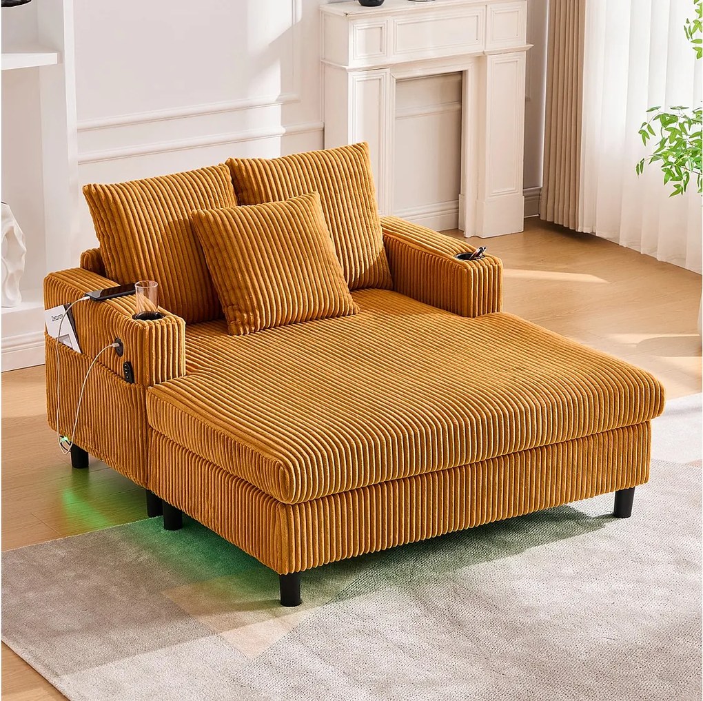 Sofa 3-osobowa rozkładana - 142 x 128 x 85 cm - z uchwytami na kubki + porty USB + diody LED - aksamitna - żółta