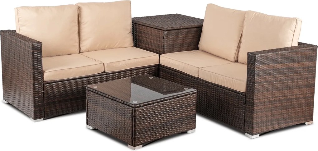 Zestaw mebli ogrodowych Savero, narożnik modułowy ze skrzynią, brązowy technorattan, poduszki beż