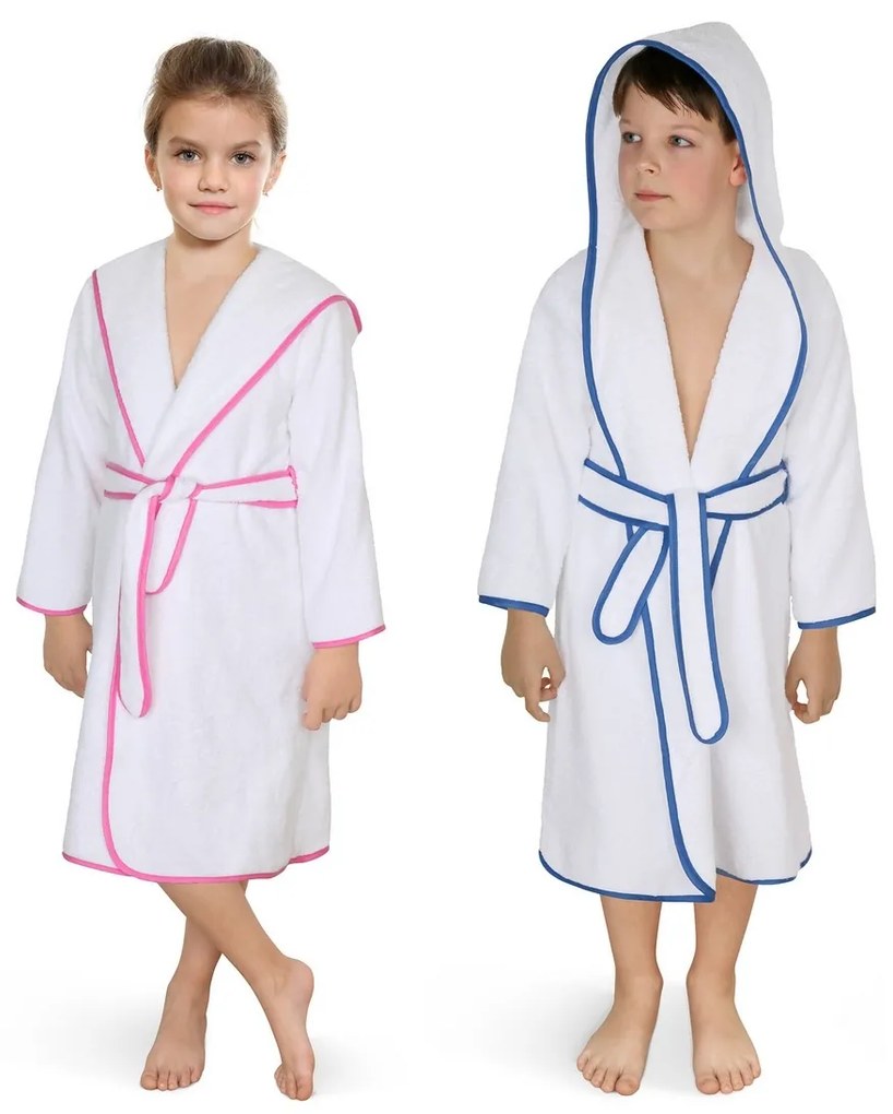 Szlafrok dziecięcy frotte biały z niebieską lamówką, 68 cm