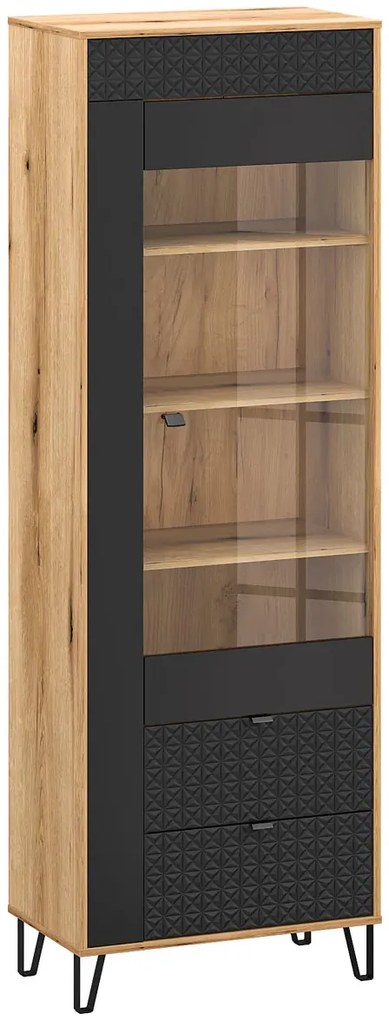 Wysoka witryna szklana na nóżkach dąb evok + czarny A6-R71