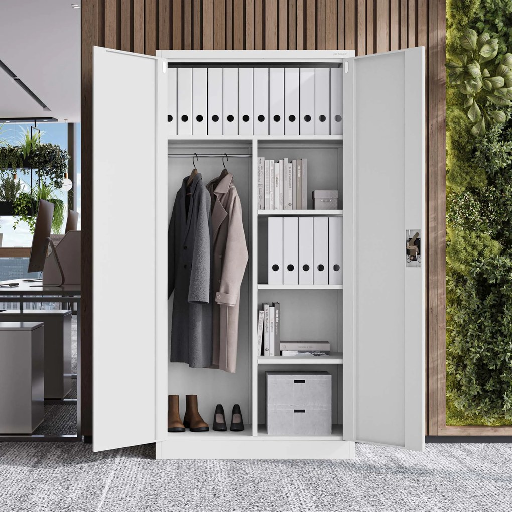 Szafa metalowa ubraniowa z półkami DAWID, 900 x 1850 x 450 mm, szara