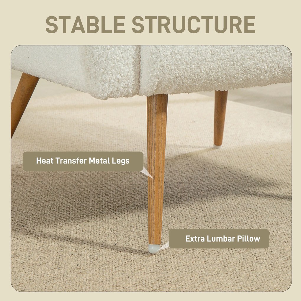 HOMCOM Fotel tapicerowany, z pokrowcem z fleece, z podłokietnikami i poduszką lędźwiową, z metalowymi nogami, fotel do czytania, kremowy