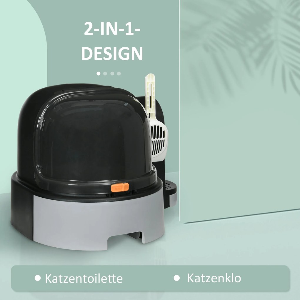 PawHut Kuweta Domek dla Kota z Łopatką 2 Wysuwane Tace Pokrywa Szary 52x60x42cm | Aosom PL